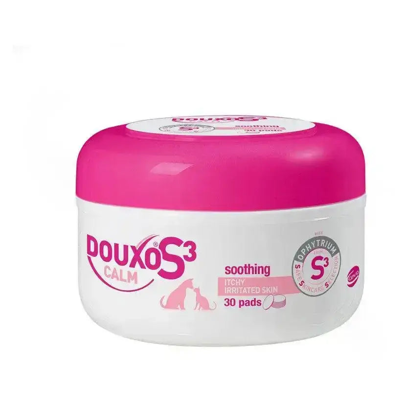 Pink and white douxos3 calm pads container for soothing skin care of itchy irritated skin douxo s3 calm product