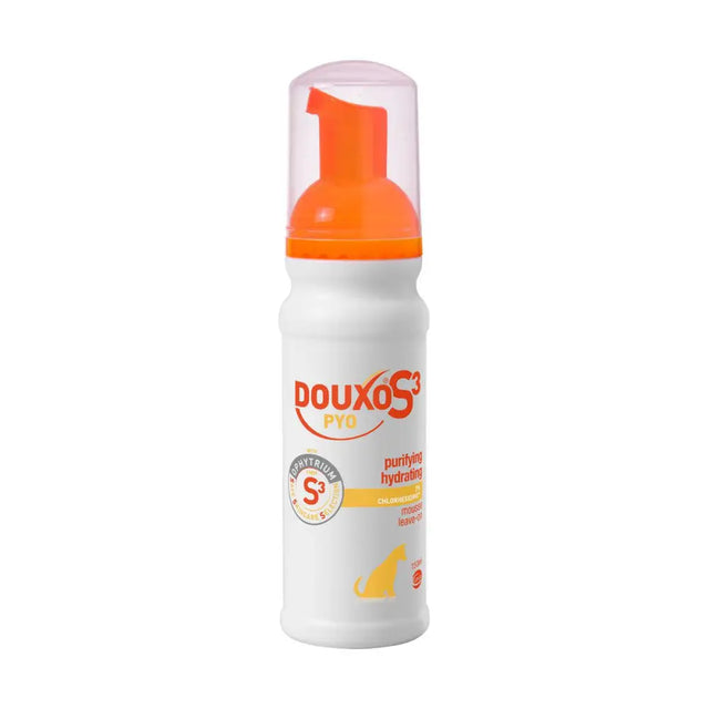 White plastic bottle with orange pump of douxo s3 pyo pyo mousse hydrating pet shampoo with chlorhexidine digluconate