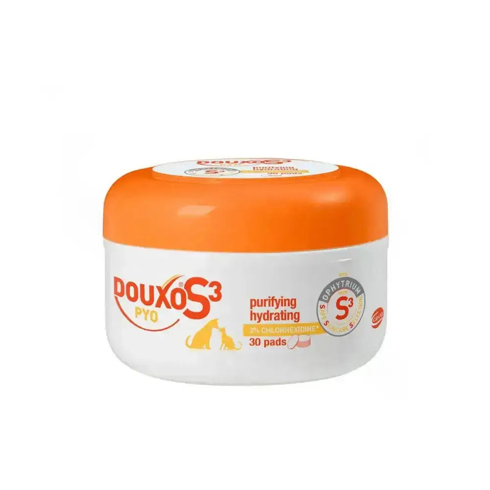 White and orange container of douxo s3 pyo pyo pads antifungal skin care hydrating pet wipes for pets