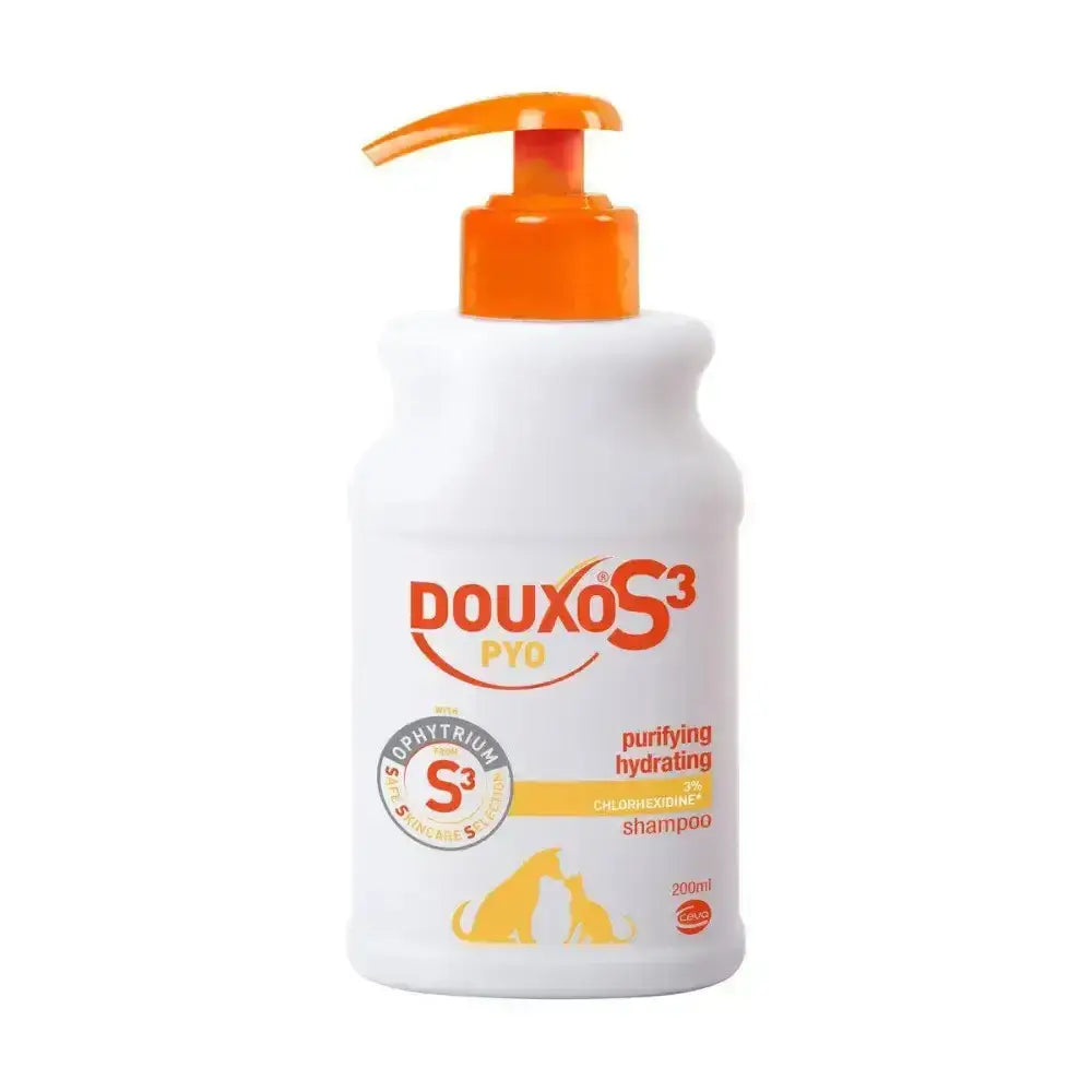 White plastic bottle of douxo s3 pyo antifungal shampoo with orange pump and yellow cat design containing chlorhexidine digluconate