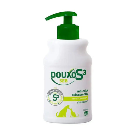 White plastic bottle of douxo s3 seb shampoo with green pump that reduces dandruff and excess sebum buildup