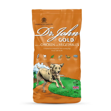 Orange bag of dr john gold rich balanced dog food with chicken vegetables and slow releasing carbohydrates