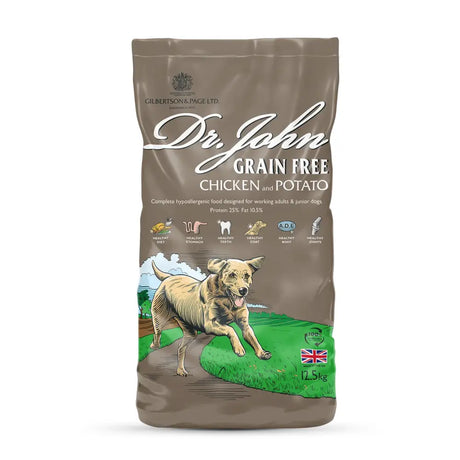 Brown bag of dr john grain free chicken dog food highlighting grain free chicken formula for healthy meals