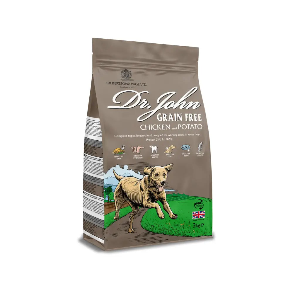 Brown bag of dr john grain free chicken dog food made for a healthy grain free chicken diet for dogs