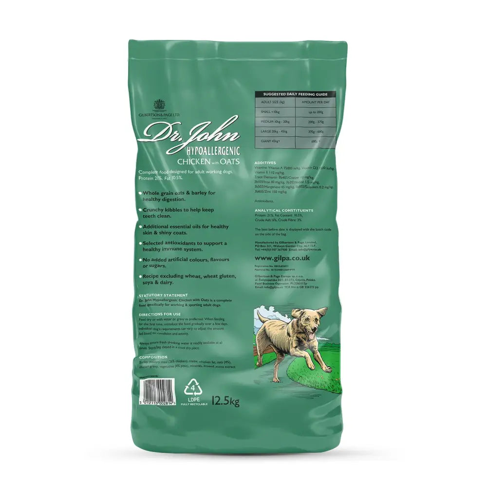 Teal bag of dr john hypo allergen chicken with oats dog food featuring hypoallergen chk zero formula