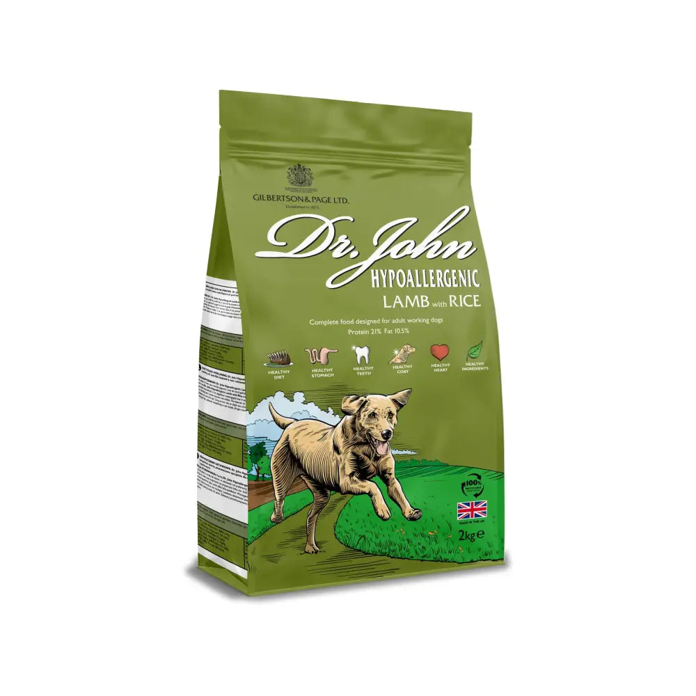 Green bag of dr john hypoallergen lamb with rice dog food featuring hypoallergenic lamb formula
