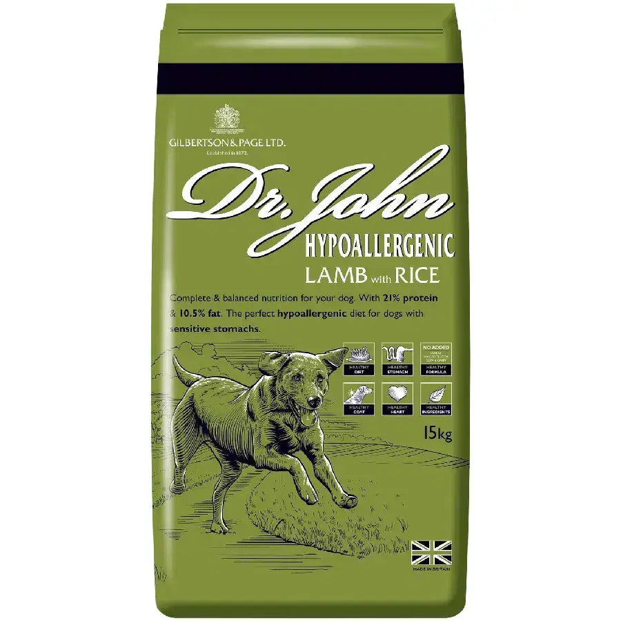 Olive green bag of dr john hypoallergenic lamb with rice dog food for sensitive dogs and hypoallergenic lamb diet