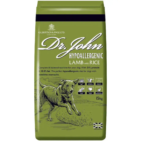 Olive green bag of dr john hypoallergenic lamb with rice dog food for sensitive dogs and hypoallergenic lamb diet