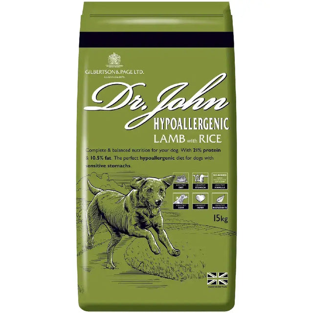 Olive green bag of dr john hypoallergenic lamb with rice dog food for sensitive dogs and hypoallergenic lamb diet
