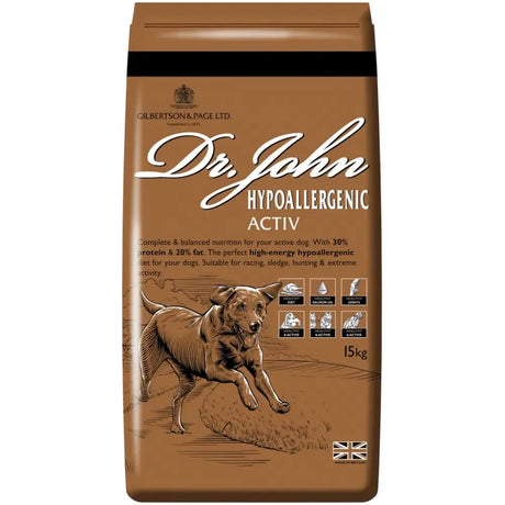 Brown bag of dr john hypoallergenic active dog food for sensitive dogs with active lifestyle needs