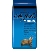 Blue cylindrical container of dr john merlin ferret food providing an energy rich nutritious diet for ferrets