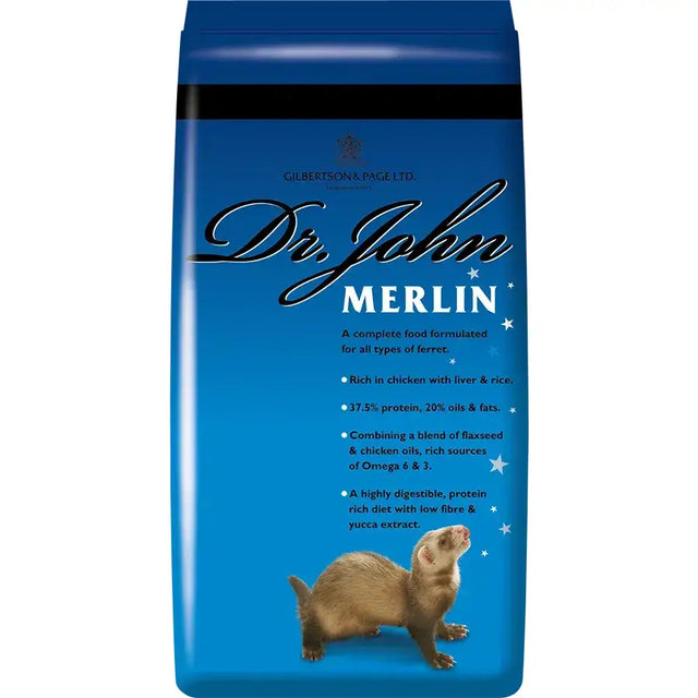 Blue cylindrical container of dr john merlin ferret food offering an energy rich nutritious diet for ferrets
