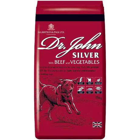 Red bag of dr john silver beef dog food showing packaging for silver beef dog nutrition