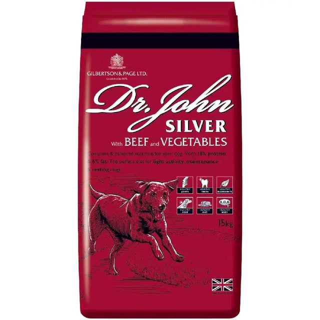 Red bag of dr john silver beef dog food featuring silver beef dog formula for healthy meals
