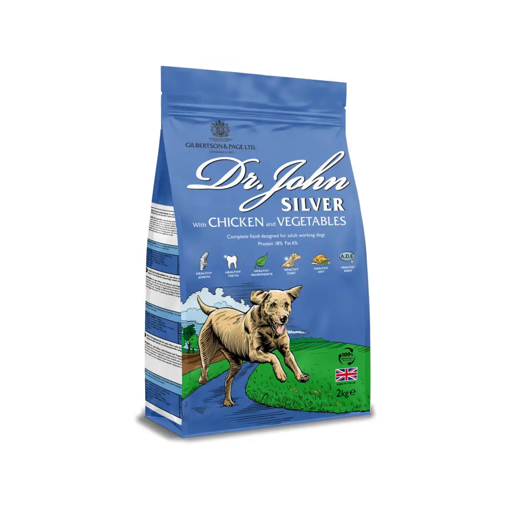 Blue and green bag of dr john silver chicken dog food 15kg for lighter maintenance diet with vegetables