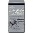 Gray and black bag of dr john titanium chicken dog food showing daily feeding guide for john titanium’s dog