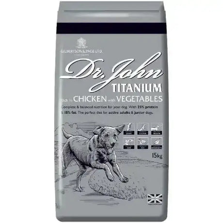 Gray and black bag of dr john titanium chicken dog food showing daily feeding guide for john titanium’s dog care