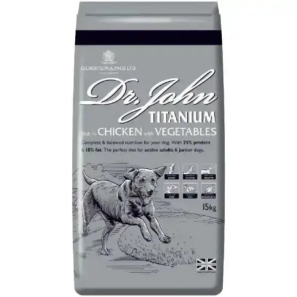 Gray and black bag of dr john titanium chicken dog food showing daily feeding guide for john titanium’s dog