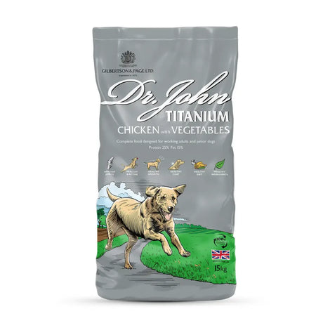 Silver-gray bag of dr john titanium chicken dog food showing daily feeding guide on the back side of the package