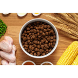 Brown kibble in a white bowl showing john titanium’s dog food with a daily feeding guide for easy use