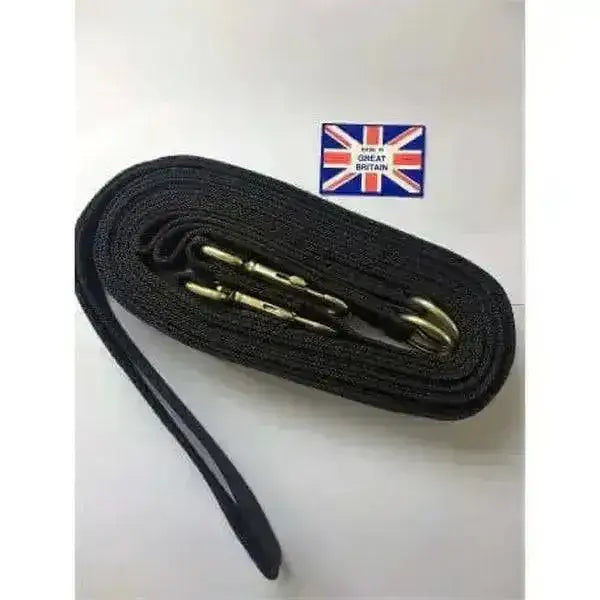 Black draw reins made in england with flat webbing 5metre, quality brass hooks, small handle, and uk flag sticker
