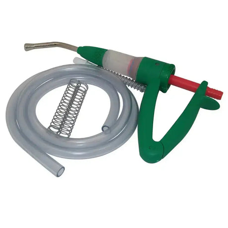 Green and red plastic handled drench gun with clear tubing metal spring and flexible nozzle for fasinex sheep use