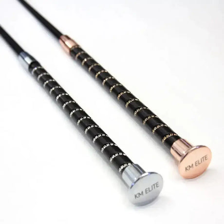 Two km dressage whip black grip with crystal spiral handles and rose gold and silver caps eye-catching whip perfect for riders