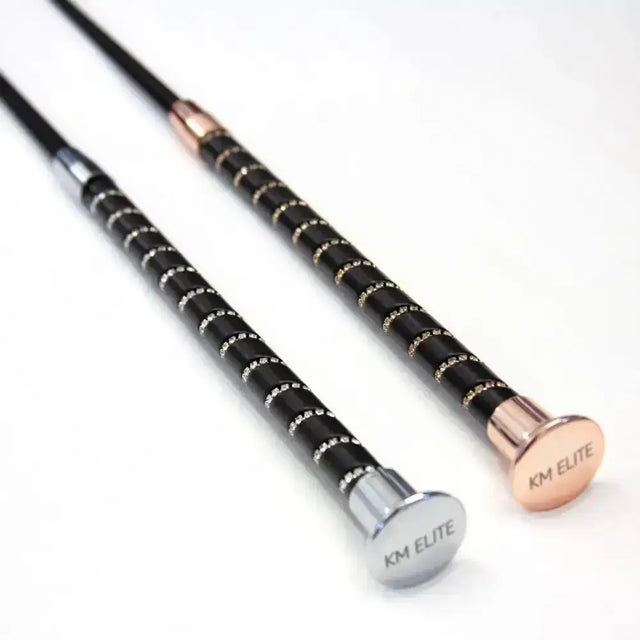 Two km dressage whip black grip with crystal spiral handles and rose gold and silver caps eye-catching whip perfect for riders