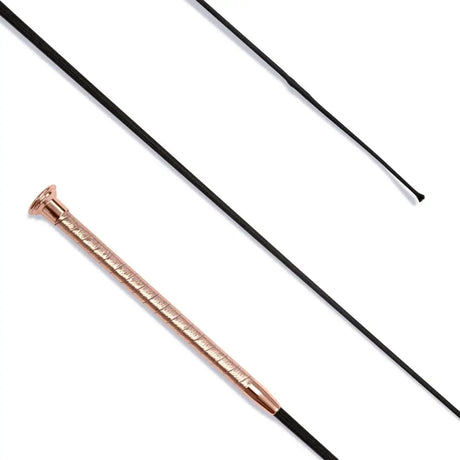 Dressage whip leather with a rose gold cap and textured grip paired with a black leather whip