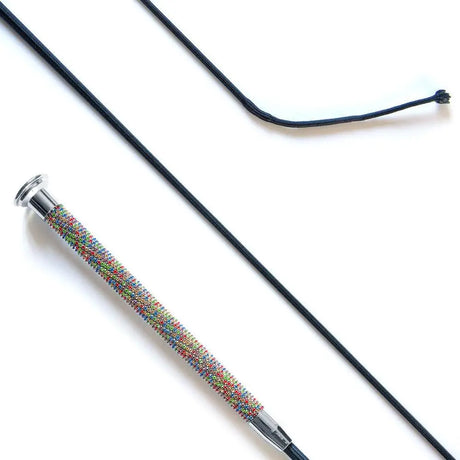 Dressage whip with multi crystal grip handle sparkling with colorful rhinestones black braided cord and chrome ferrule