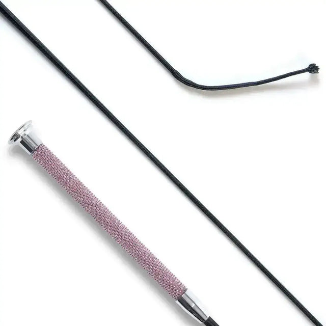 A sleek rose-gold dressage whip handle with pink crystal grip adds sophistication and black braided cord detail