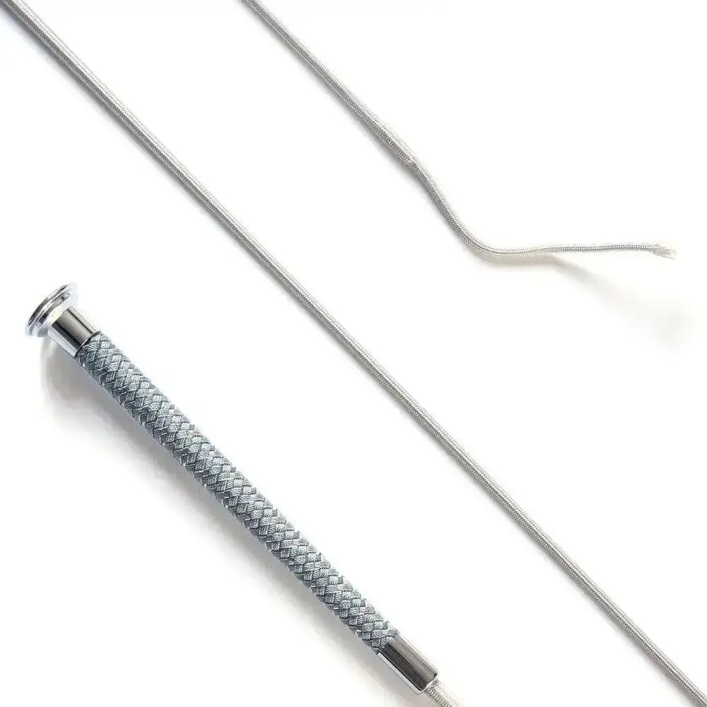 Dressage whip with silver braided grip featuring a textured grip and metallic ferrule in 110cm length