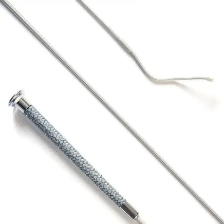 Dressage whip with silver braided grip featuring a textured grip and metallic ferrule in 110cm length