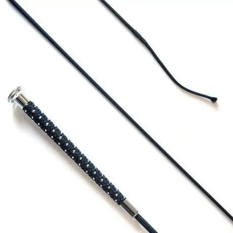 Black dressage whip with silver braided grip and braided grip black 110cm featuring silver-toned metal ferrules