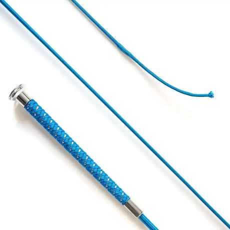 Blue dressage whip with silver braided grip and metal ferrules featuring a braided grip blue design 110cm long