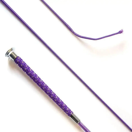 Dressage whip with silver braided grip in purple featuring braided rope and silver metal ferrules 110cm long