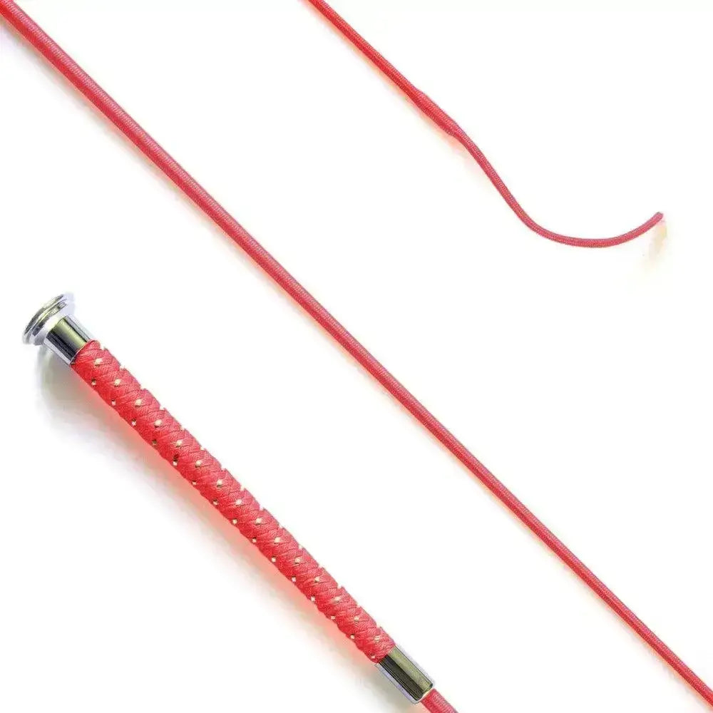 Red braided leather dressage whip with silver braided grip and metal ferrules, 110cm long and perfect for riding