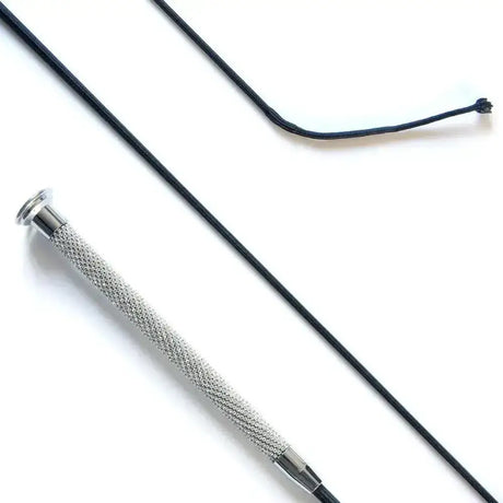 Dressage whip with silver textured shaft and white crystal grip black cord and metallic ferrule ends crystal grip adds sophistication