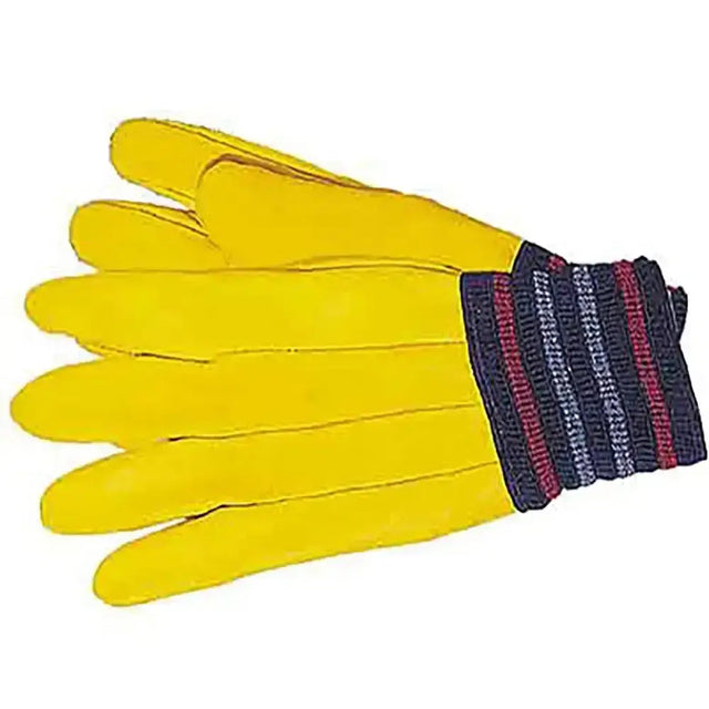 Bright yellow drivers gloves with striped navy red gray knit cuff perfect for equestrian and horses use