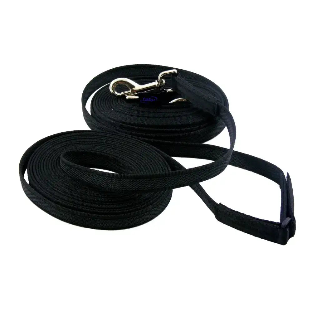 Black woven nylon driving reins with double sided rubber grip, silver hardware, padded handle, and three adjustment holes