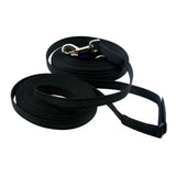 Black woven nylon driving reins with double sided rubber grip, silver hardware, padded handle, and three adjustment holes