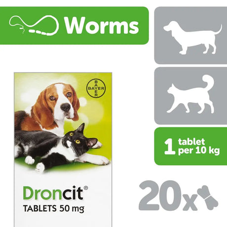 Bayer droncit tablets 50 mg package with beagle and cat on green background fda approved oral medication to remove cestodes