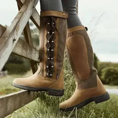 Tan and dark brown leather dublin pinnacle boots with side lace-up design dark brown country boots dublin style