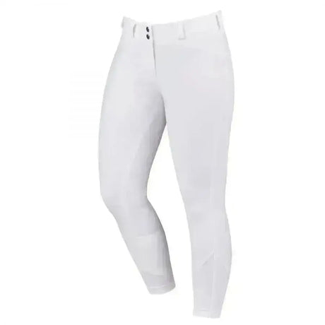 White dublin prime gel comfy riding breeches with sleek fit and black button waist closures perfect for riding