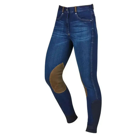 Dark blue dublin shona knee patch denim breeches with brown leather knee patches for riding comfort