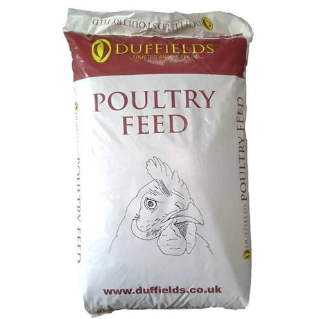 White and maroon plastic bag of duffields poultry grower finisher pellets with black chicken head drawing