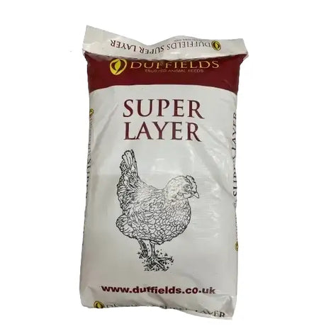 White and maroon bag of duffields super value layers pellets with black hen drawing ideal for horses and equestrian use
