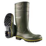 Olive green dunlop acifort heavy durable work boot with yellow trim and oil resistant outsole for tough jobs
