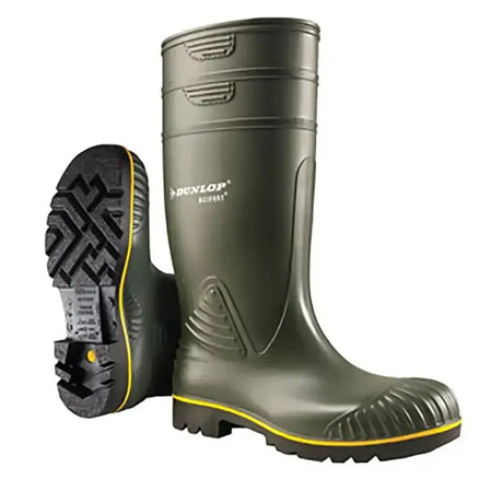 Olive green dunlop acifort heavy durable work boot with yellow trim and oil resistant outsole for tough jobs