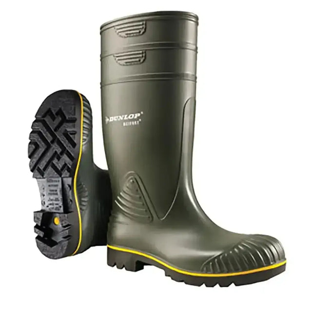 Olive green dunlop acifort heavy durable work boot with yellow trim and oil resistant outsole for tough jobs